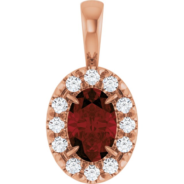 14K Rose 6x4 mm Natural Mozambique Garnet & 1/10 CTW Natural Diamond Halo-Style Pendant