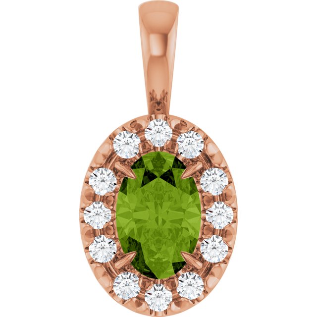 14K Rose 6x4 mm Natural Peridot & 1/10 CTW Natural Diamond Halo-Style Pendant