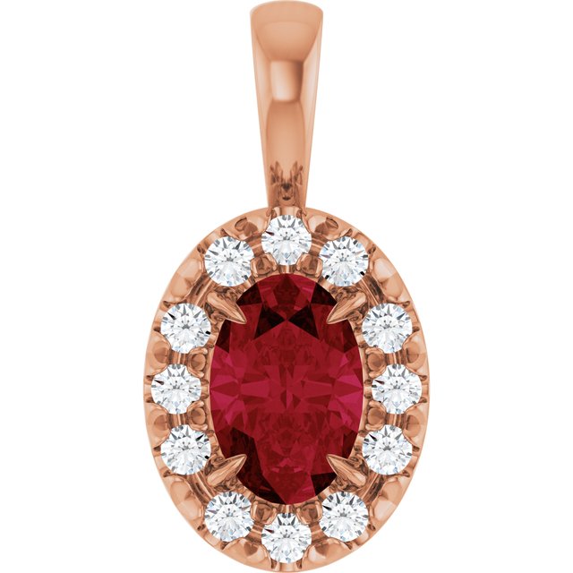 14K Rose 6x4 mm Natural Ruby & 1/10 CTW Natural Diamond Halo-Style Pendant