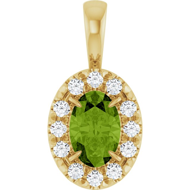 14K Yellow 6x4 mm Natural Peridot & 1/10 CTW Natural Diamond Halo-Style Pendant