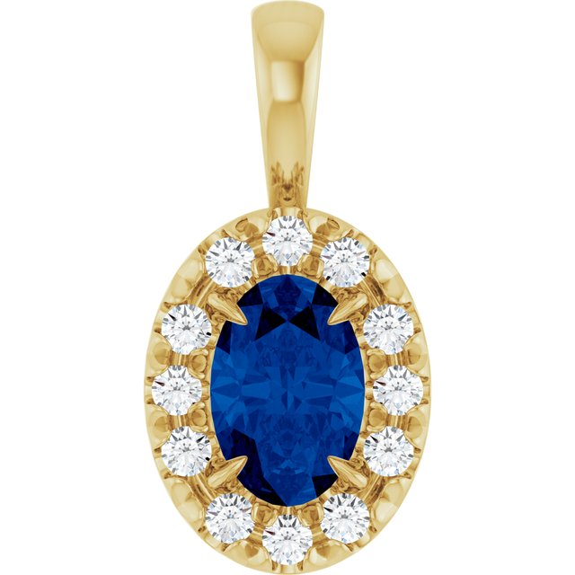 14K Yellow 6x4 mm Natural Blue Sapphire & 1/10 CTW Natural Diamond Halo-Style Pendant
