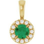 14K Yellow 4 mm Lab-Grown Emerald & .05 CTW Natural Diamond Halo-Style Pendant