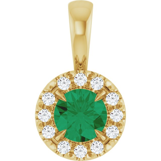 14K Yellow 4 mm Natural Emerald & .05 CTW Natural Diamond Halo-Style Pendant