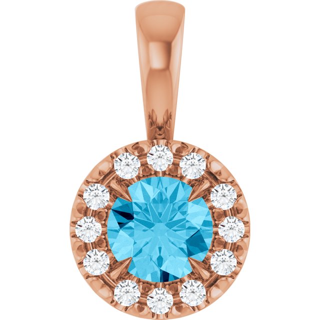 14K Rose 4 mm Natural Aquamarine & .05 CTW Natural Diamond Halo-Style Pendant