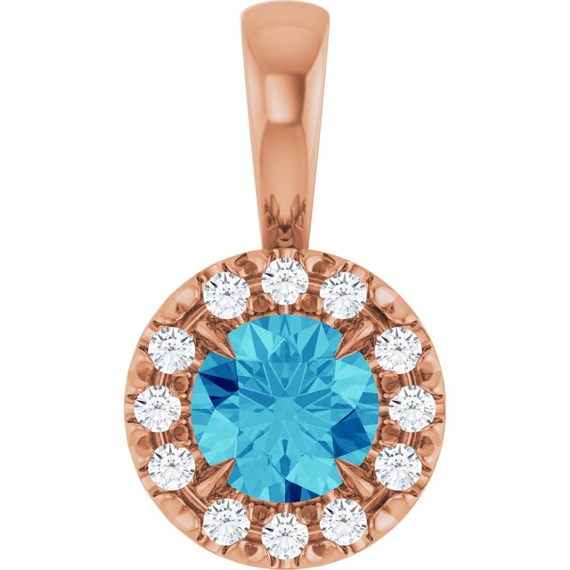 14K Rose 4 mm Natural Blue Zircon & .05 CTW Natural Diamond Halo-Style Pendant