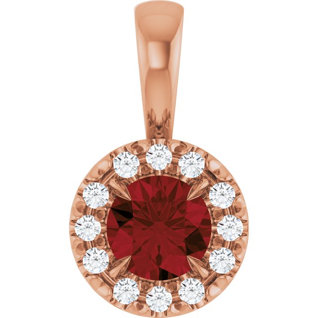 14K Rose 4 mm Natural Mozambique Garnet & .05 CTW Natural Diamond Halo-Style Pendant
