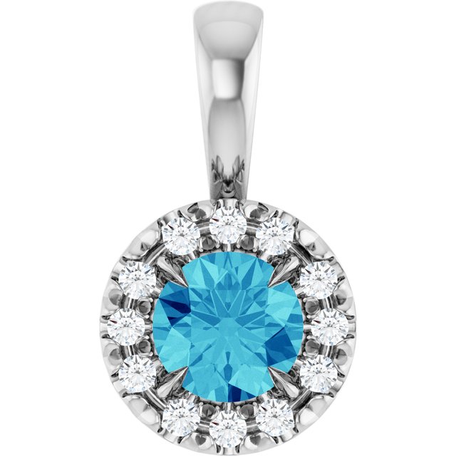 14K White 4 mm Natural Blue Zircon & .05 CTW Natural Diamond Halo-Style Pendant