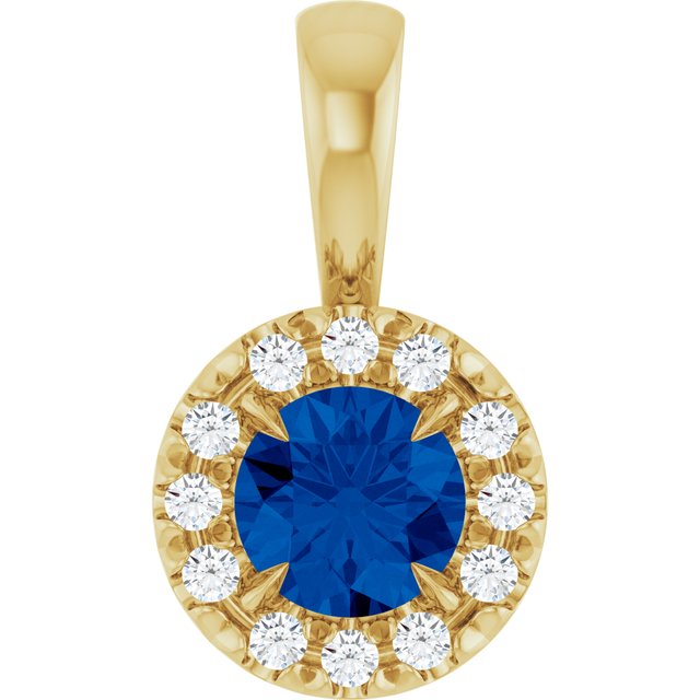 14K Yellow 4 mm Lab-Grown Blue Sapphire & .05 CTW Natural Diamond Halo-Style Pendant