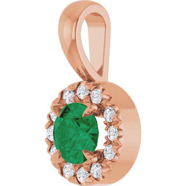 14K Rose 4 mm Lab-Grown Emerald & .05 CTW Natural Diamond Halo-Style Pendant