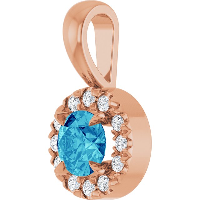 14K Rose 4 mm Natural Blue Zircon & .05 CTW Natural Diamond Halo-Style Pendant