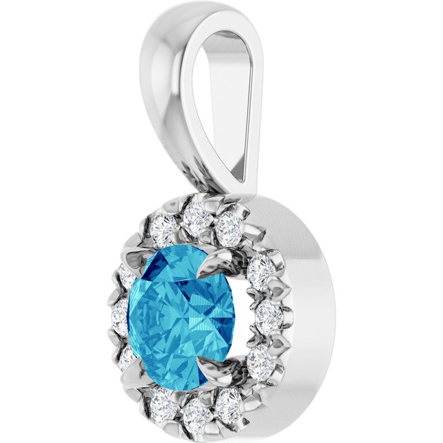 14K White 4 mm Natural Blue Zircon & .05 CTW Natural Diamond Halo-Style Pendant