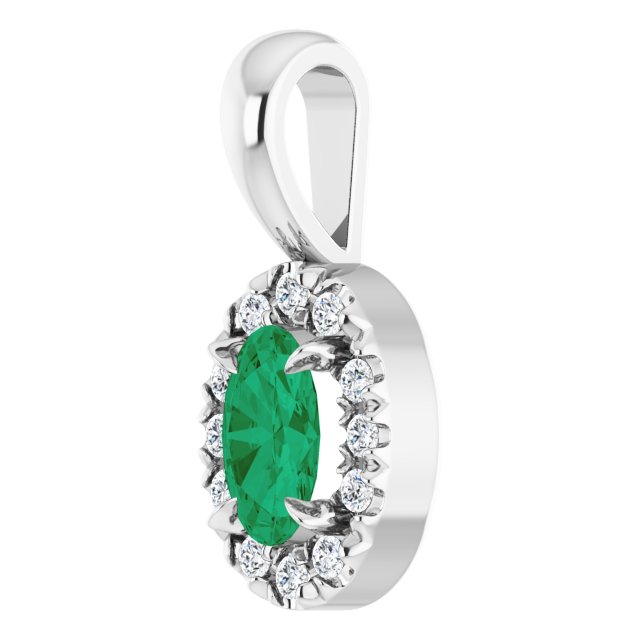 14K White 5x3 mm Natural Emerald & .05 CTW Natural Diamond Halo-Style Pendant
