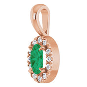 14K Rose 5x3 mm Natural Emerald & .05 CTW Natural Diamond Halo-Style Pendant