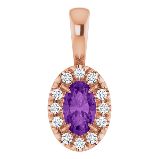 14K Rose 5x3 mm Natural Amethyst & .05 CTW Natural Diamond Halo-Style Pendant