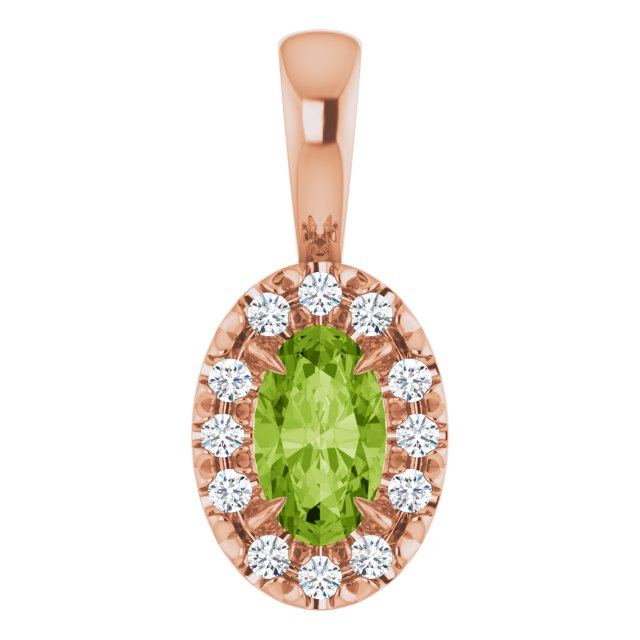 14K Rose 5x3 mm Natural Peridot & .05 CTW Natural Diamond Halo-Style Pendant