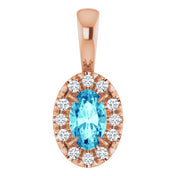 14K Rose 5x3 mm Natural Blue Zircon & .05 CTW Natural Diamond Halo-Style Pendant