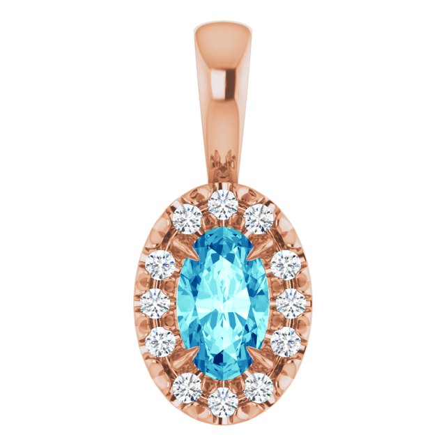 14K Rose 5x3 mm Natural Blue Zircon & .05 CTW Natural Diamond Halo-Style Pendant