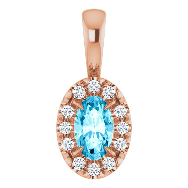 14K Rose 5x3 mm Natural Aquamarine & .05 CTW Natural Diamond Halo-Style Pendant