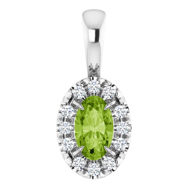 14K White 5x3 mm Natural Peridot & .05 CTW Natural Diamond Halo-Style Pendant
