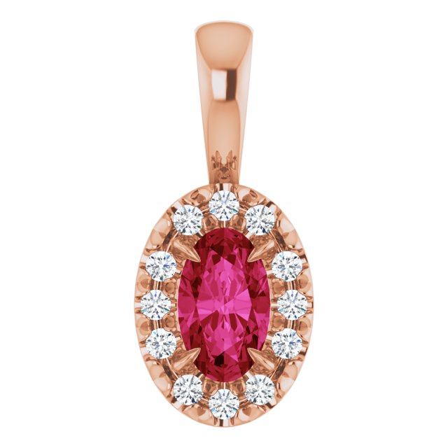 14K Rose 5x3 mm Natural Ruby & .05 CTW Natural Diamond Halo-Style Pendant
