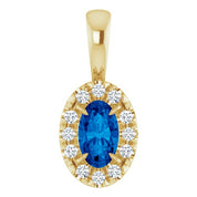 14K Yellow 5x3 mm Lab-Grown Blue Sapphire & .05 CTW Natural Diamond Halo-Style Pendant