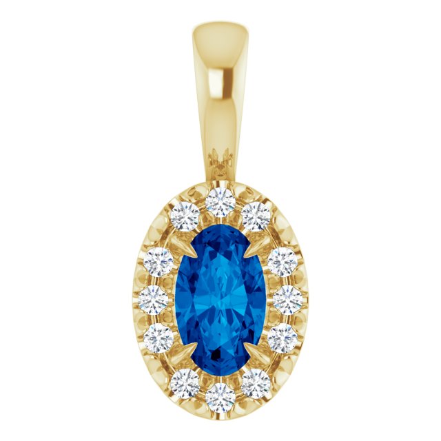 14K Yellow 5x3 mm Lab-Grown Blue Sapphire & .05 CTW Natural Diamond Halo-Style Pendant