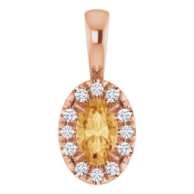 14K Rose 5x3 mm Natural Citrine & .05 CTW Natural Diamond Halo-Style Pendant