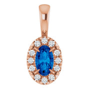 14K Rose 5x3 mm Natural Blue Sapphire & .05 CTW Natural Diamond Halo-Style Pendant