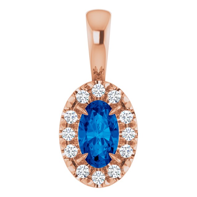 14K Rose 5x3 mm Natural Blue Sapphire & .05 CTW Natural Diamond Halo-Style Pendant