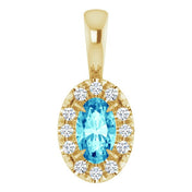 14K Yellow 5x3 mm Natural Blue Zircon & .05 CTW Natural Diamond Halo-Style Pendant