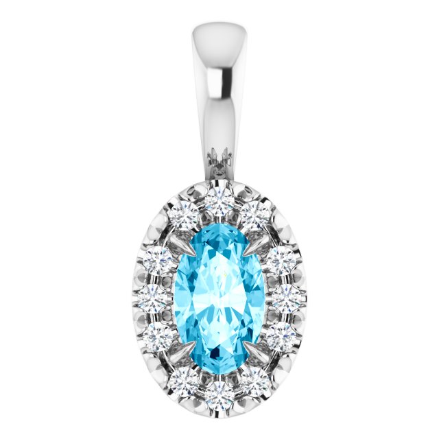 14K White 5x3 mm Natural Aquamarine & .05 CTW Natural Diamond Halo-Style Pendant