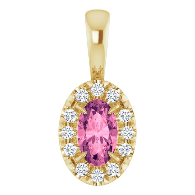 14K Yellow 5x3 mm Natural Pink Tourmaline & .05 CTW Natural Diamond Halo-Style Pendant
