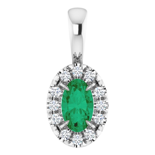 14K White 5x3 mm Natural Emerald & .05 CTW Natural Diamond Halo-Style Pendant