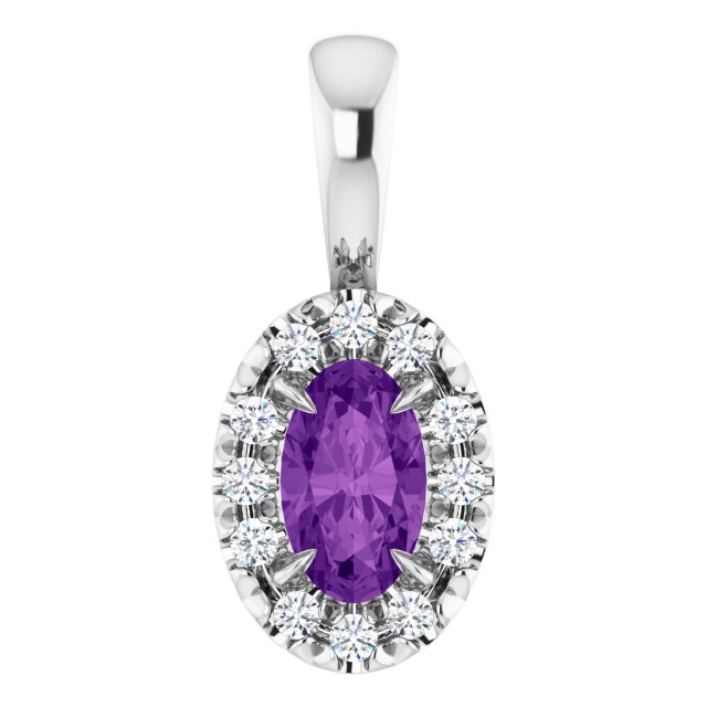 Sterling Silver 5x3 mm Natural Amethyst & .05 CTW Natural Diamond Halo-Style Pendant