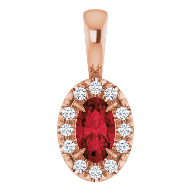 14K Rose 5x3 mm Natural Mozambique Garnet & .05 CTW Natural Diamond Halo-Style Pendant