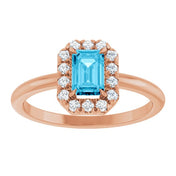 14K Rose Natural Aquamarine & 1/5 CTW Natural Diamond French-Set Halo-Style Ring