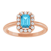 14K Rose Natural Aquamarine & 1/5 CTW Natural Diamond French-Set Halo-Style Ring