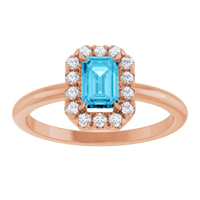 14K Rose Natural Aquamarine & 1/5 CTW Natural Diamond French-Set Halo-Style Ring