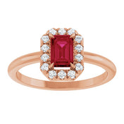 14K Rose Lab-Grown Ruby & 1/5 CTW Natural Diamond French-Set Halo-Style Ring