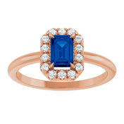 14K Rose Natural Blue Sapphire & 1/5 CTW Natural Diamond French-Set Halo-Style Ring