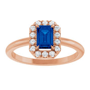 14K Rose Natural Blue Sapphire & 1/5 CTW Natural Diamond French-Set Halo-Style Ring
