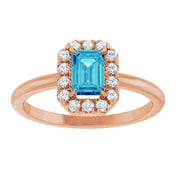 14K Rose Natural Blue Zircon & 1/5 CTW Natural Diamond French-Set Halo-Style Ring
