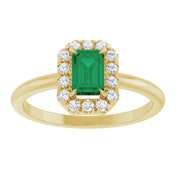 14K Yellow Lab-Grown Emerald & 1/5 CTW Natural Diamond French-Set Halo-Style Ring