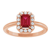 14K Rose Natural Ruby & 1/5 CTW Natural Diamond French-Set Halo-Style Ring