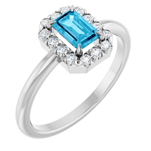 Sterling Silver Natural Aquamarine & 1/5 CTW Natural Diamond French-Set Halo-Style Ring
