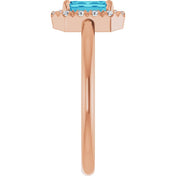 14K Rose Natural Blue Zircon & 1/5 CTW Natural Diamond French-Set Halo-Style Ring