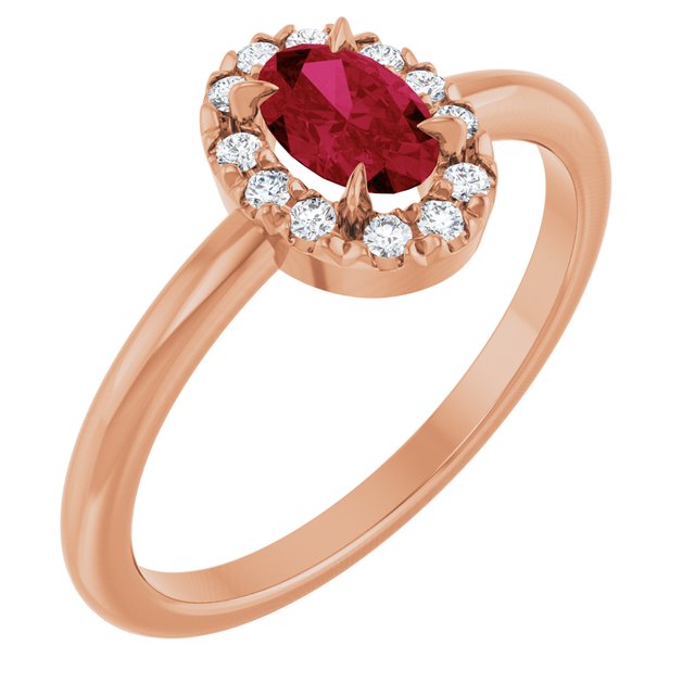 14K Rose Natural Ruby & 1/10 CTW Natural Diamond French-Set Halo-Style Ring