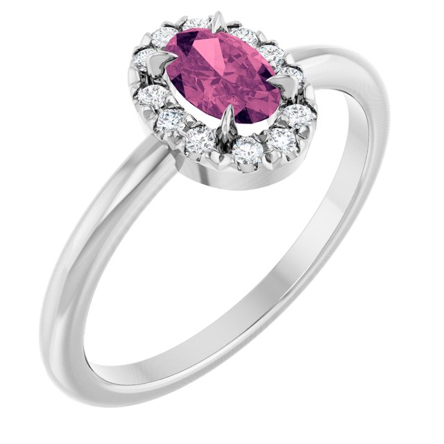 Sterling Silver Natural Pink Tourmaline & 1/10 CTW Natural Diamond French-Set Halo-Style Ring