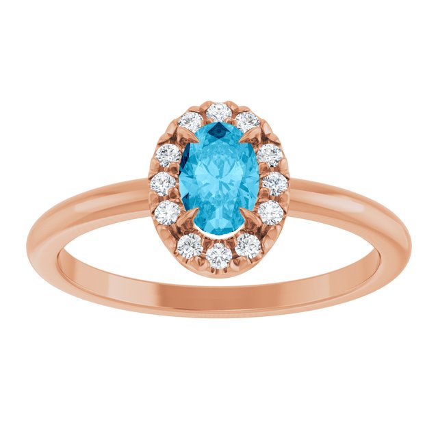14K Rose Natural Aquamarine & 1/10 CTW Natural Diamond French-Set Halo-Style Ring