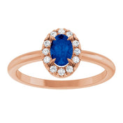 14K Rose Natural Blue Sapphire & 1/10 CTW Natural Diamond French-Set Halo-Style Ring
